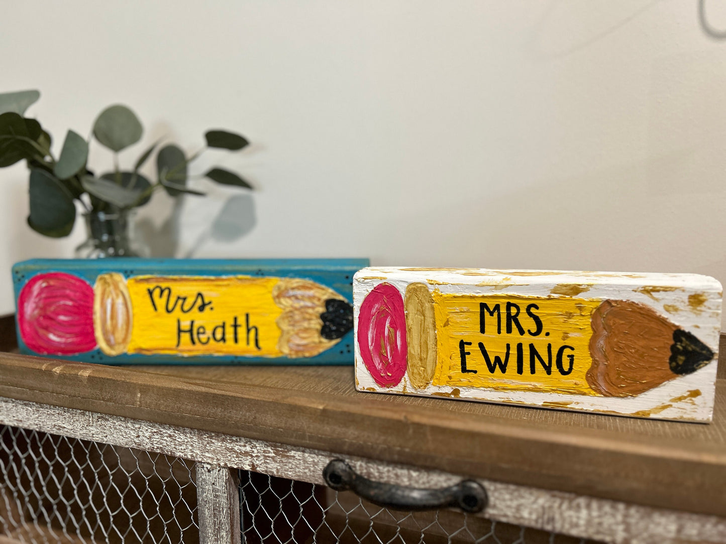 Personalized Textured Painted Wooden Pencil Block with Teacher Name