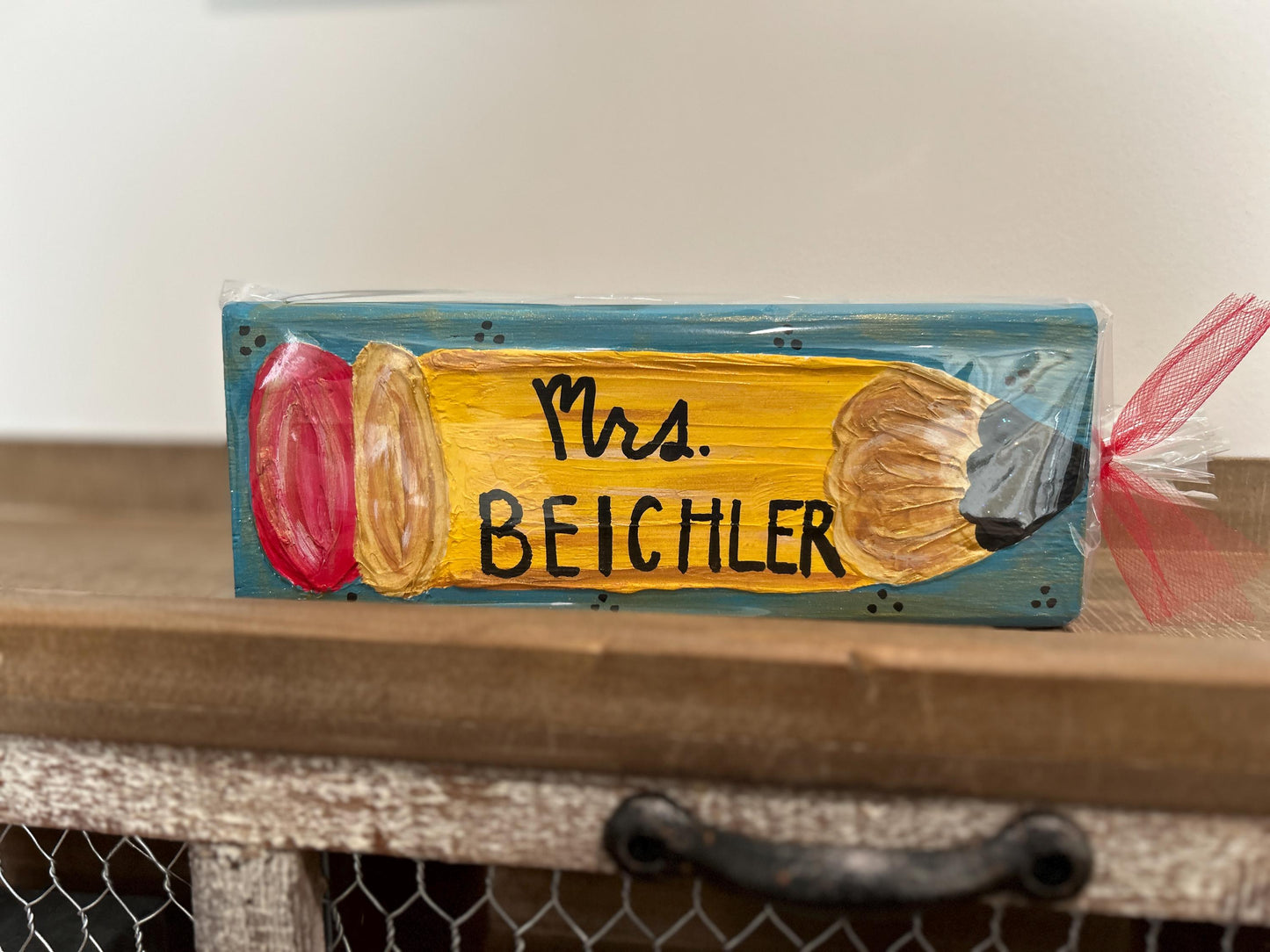 Personalized Textured Painted Wooden Pencil Block with Teacher Name