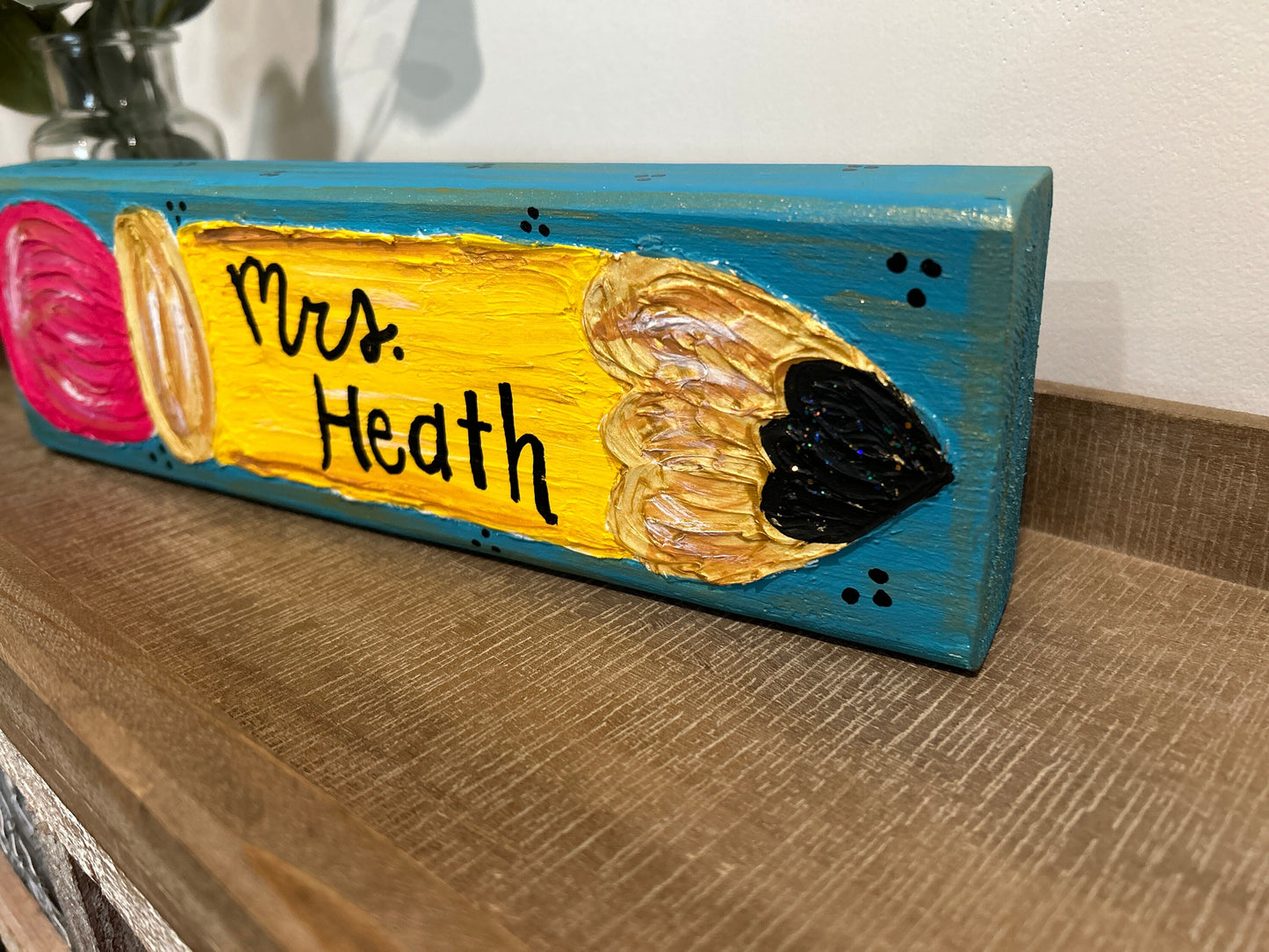 Personalized Textured Painted Wooden Pencil Block with Teacher Name