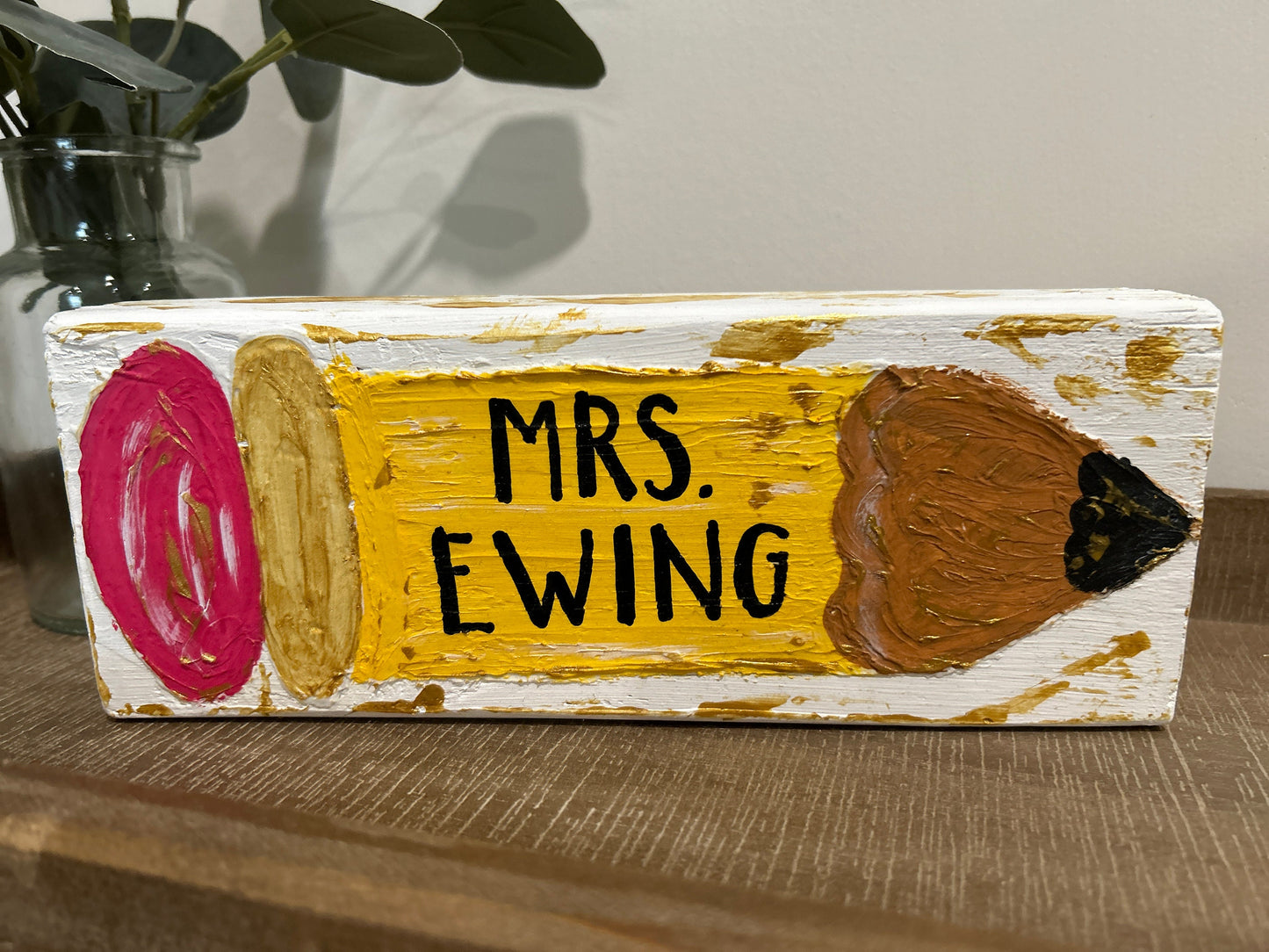 Personalized Textured Painted Wooden Pencil Block with Teacher Name